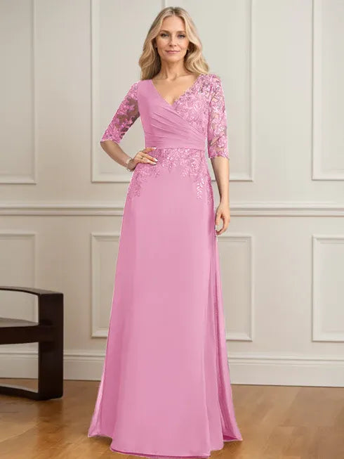 Robe de mère de la mariée trapèze, col en V, longueur au sol, en mousseline de soie et dentelle, avec sequins plissés 