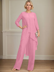 Separates Jumpsuit/Pantsuit Scoop Floor-Length Chiffon Mother of the Bride Dress With Sequins Beading