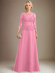 A-line Scoop Illusion Floor-Length Chiffon Lace Mother of the Bride Dress With Pleated Sequins Beading