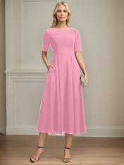 A-line Scoop Tea-Length Chiffon Mother of the Bride Dress With Appliques Lace Sequins