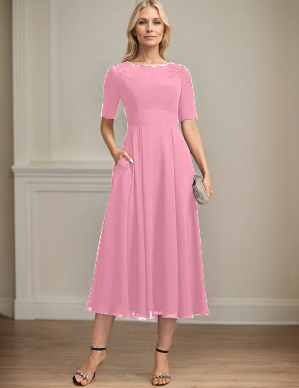 A-line Scoop Tea-Length Chiffon Mother of the Bride Dress With Appliques Lace Sequins