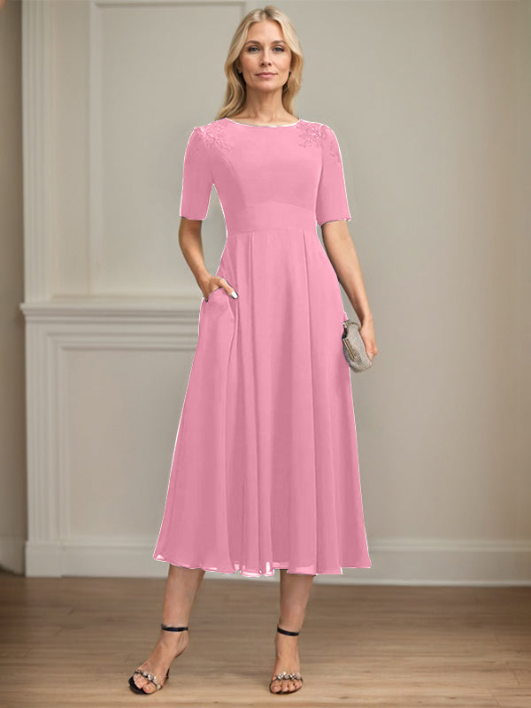 A-line Scoop Tea-Length Chiffon Mother of the Bride Dress With Appliques Lace Sequins