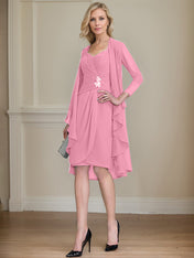 Sheath/Column Sweetheart Knee-Length Chiffon Mother of the Bride Dress With Beading Appliques Lace Sequins Pleated