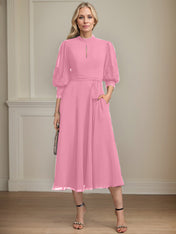 A-line High Neck Tea-Length Lace Chiffon Mother of the Bride Dress With Bow