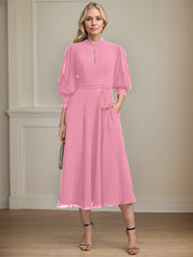 A-line High Neck Tea-Length Lace Chiffon Mother of the Bride Dress With Bow