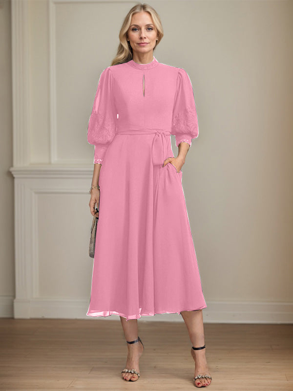 A-line High Neck Tea-Length Lace Chiffon Mother of the Bride Dress With Bow