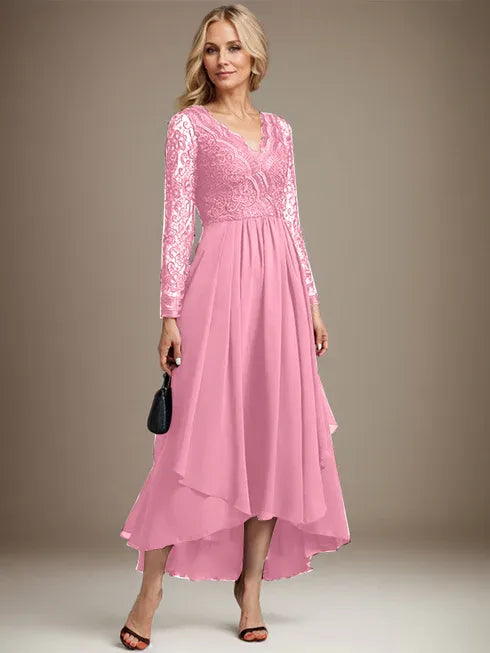 A-line V-Neck Asymmetrical Lace Chiffon Mother of the Bride Dress