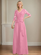 A-line V-Neck Floor-Length Lace Chiffon Mother of the Bride Dress With Cascading Ruffles Sequins
