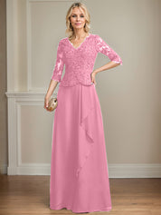 A-line V-Neck Floor-Length Lace Chiffon Mother of the Bride Dress With Cascading Ruffles Sequins