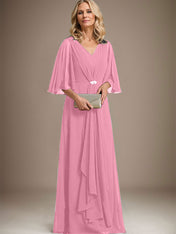 A-line V-Neck Floor-Length Chiffon Mother of the Bride Dress With Cascading Ruffles Crystal Brooch