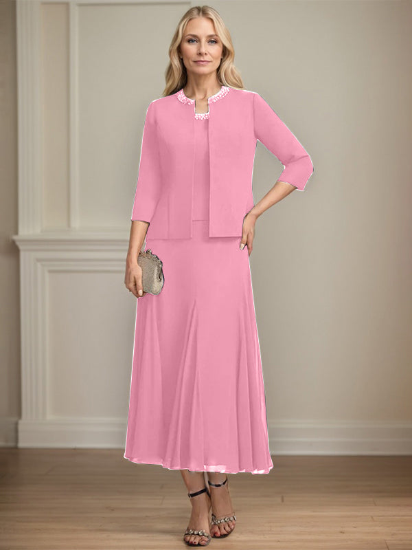 Separates A-line Scoop Tea-Length Chiffon Mother of the Bride Dress With Sequins Beading