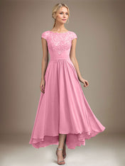 A-line Scoop Illusion Asymmetrical Lace Chiffon Mother of the Bride Dress With Pleated