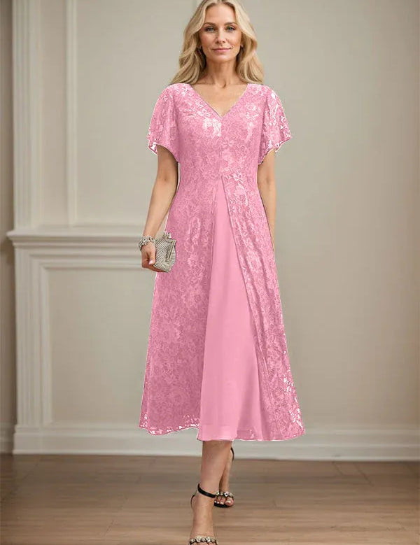 A-line V-Neck Tea-Length Lace Chiffon Mother of the Bride Dress