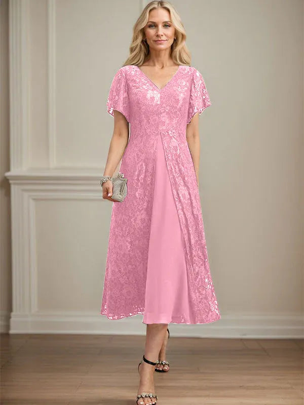 Robe de mère de la mariée en mousseline de soie, coupe trapèze, col en V et longueur thé 