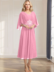 A-line V-Neck Tea-Length Chiffon Mother of the Bride Dress With Pleated Sequins Appliques Lace Beadind