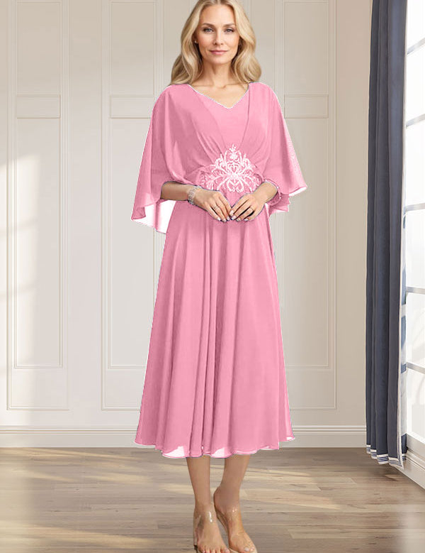 A-line V-Neck Tea-Length Chiffon Mother of the Bride Dress With Pleated Sequins Appliques Lace Beadind