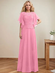 A-line Scoop Illusion Floor-Length Lace Chiffon Mother of the Bride Dress With Sequins