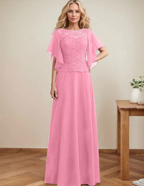 A-line Scoop Illusion Floor-Length Lace Chiffon Mother of the Bride Dress With Sequins