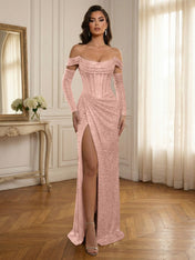 Silver Sequin Off-the-Shoulder Long Sleeves Corset Prom Dress with Slit
