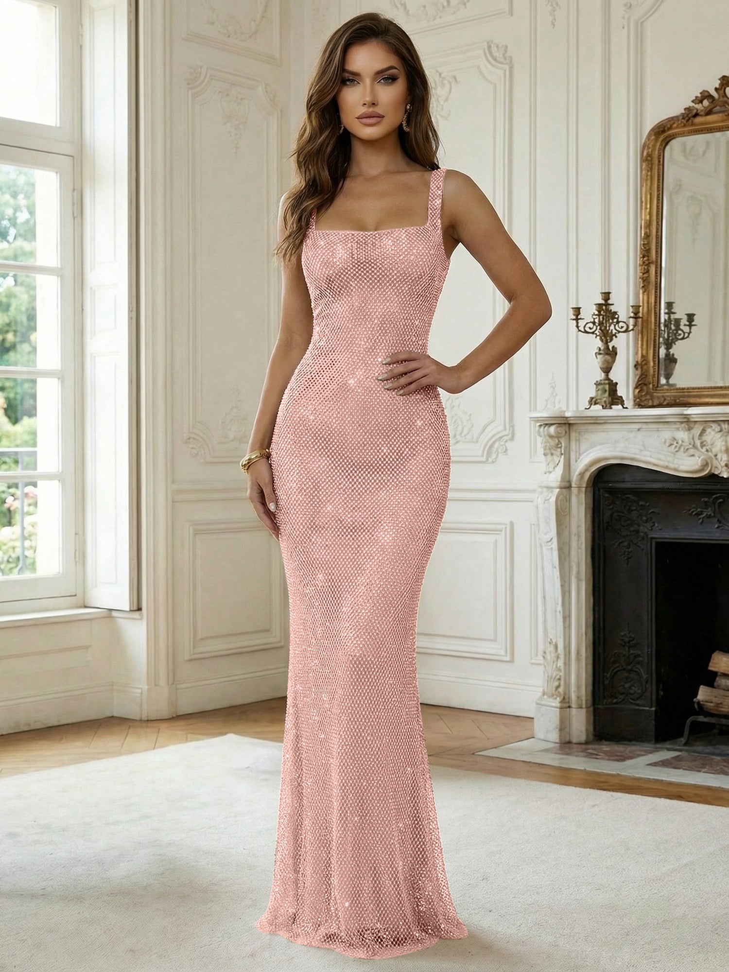 Crystal-Embellished Mermaid Long Prom Dress with Square Neckline