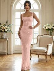 Sparkly Champagne Crystal Mesh Square Neck Long Prom Dress