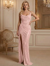 Silver Sequin Cowl Neck Ruched Long Prom Dress with High Slit