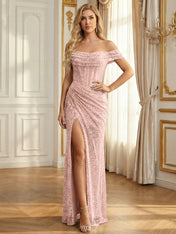Sparkly Off-the-Shoulder Mesh Ruched Bodice Long Prom Dress with High Slit