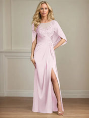 Sheath/Column Satin Scoop Neck Cap Sleeves Floor Length Mother Of The Bride Dresses