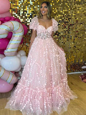 Pink 3D Floral Corset Prom Dress with Puffy Sleeves