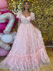 Pink 3D Floral Corset Prom Dress with Puffy Sleeves