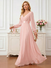 Pink A-Line Chiffon Maxi Dress with Lantern Sleeves and Tie Cuffs Mother of the Bride Dresses