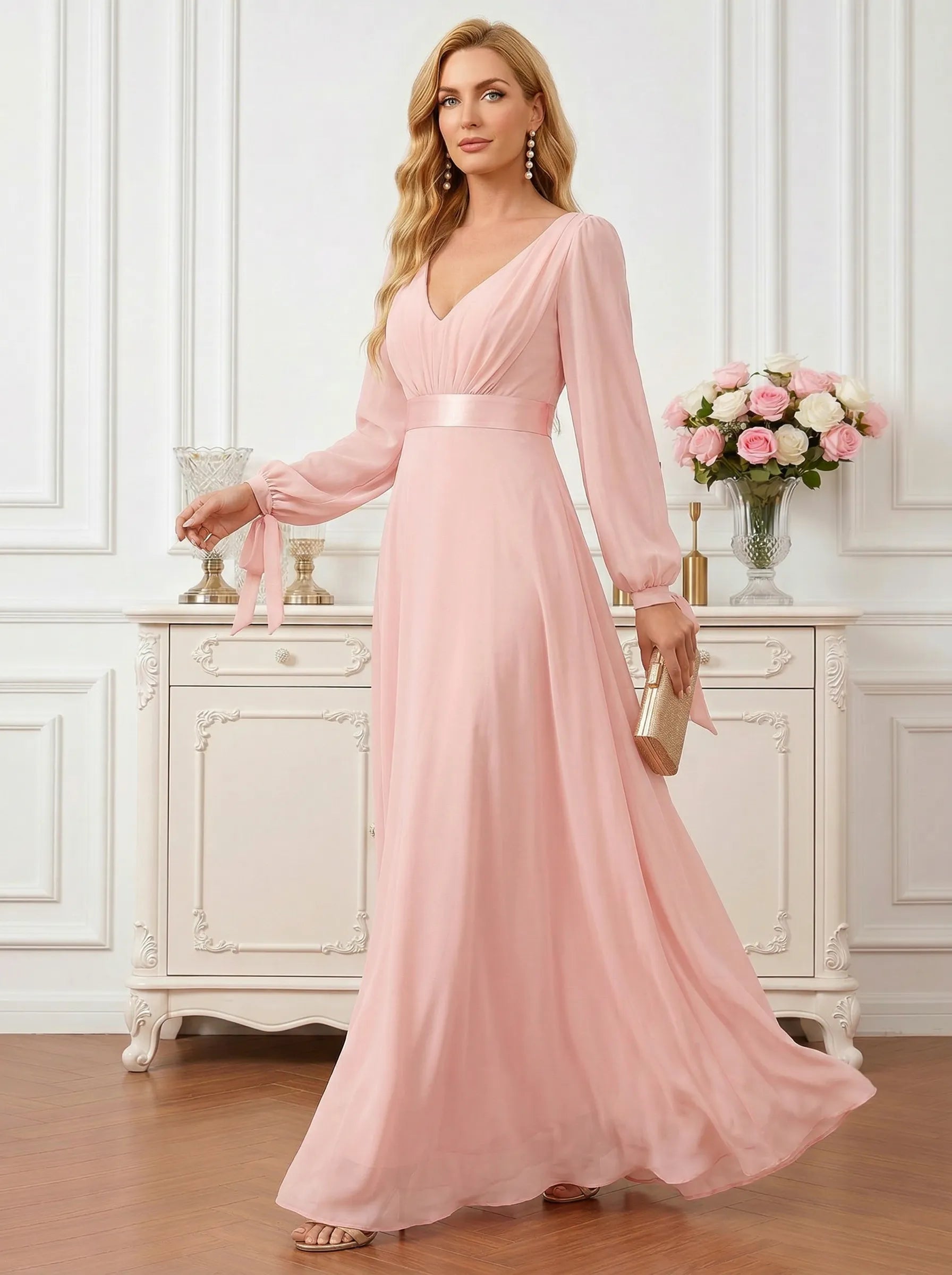 Pink A-Line Chiffon Maxi Dress with Lantern Sleeves and Tie Cuffs Mother of the Bride Dresses