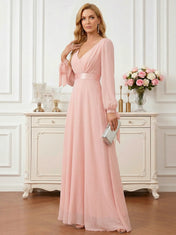 Pink A-Line Chiffon Maxi Dress with Lantern Sleeves and Tie Cuffs Mother of the Bride Dresses