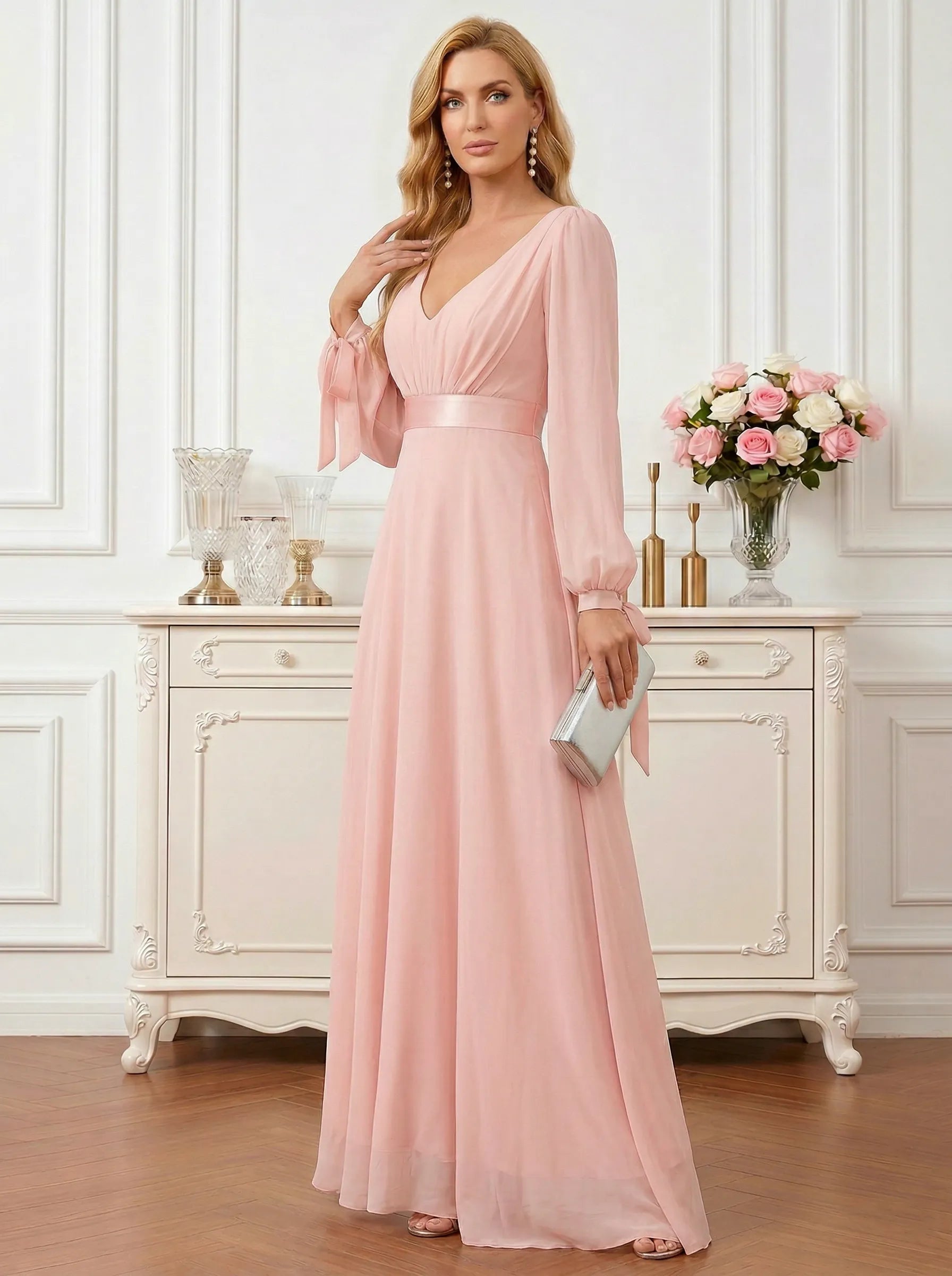 Pink A-Line Chiffon Maxi Dress with Lantern Sleeves and Tie Cuffs Mother of the Bride Dresses