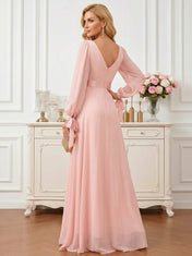 Pink A-Line Chiffon Maxi Dress with Lantern Sleeves and Tie Cuffs Mother of the Bride Dresses