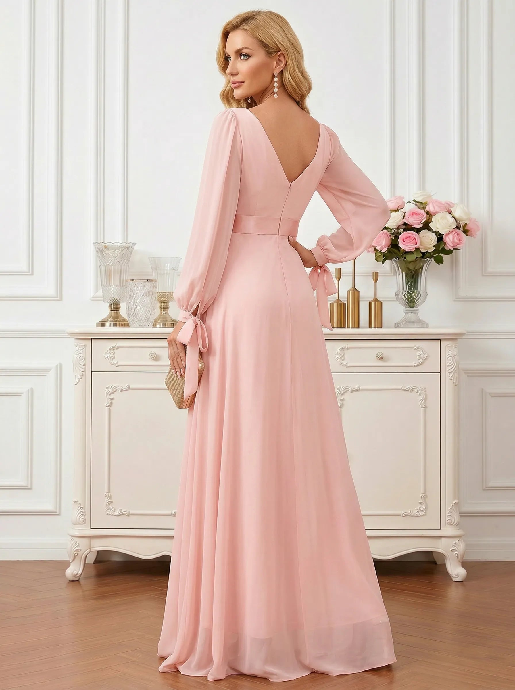 Pink A-Line Chiffon Maxi Dress with Lantern Sleeves and Tie Cuffs Mother of the Bride Dresses
