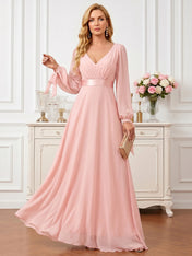 Pink A-Line Chiffon Maxi Dress with Lantern Sleeves and Tie Cuffs Mother of the Bride Dresses