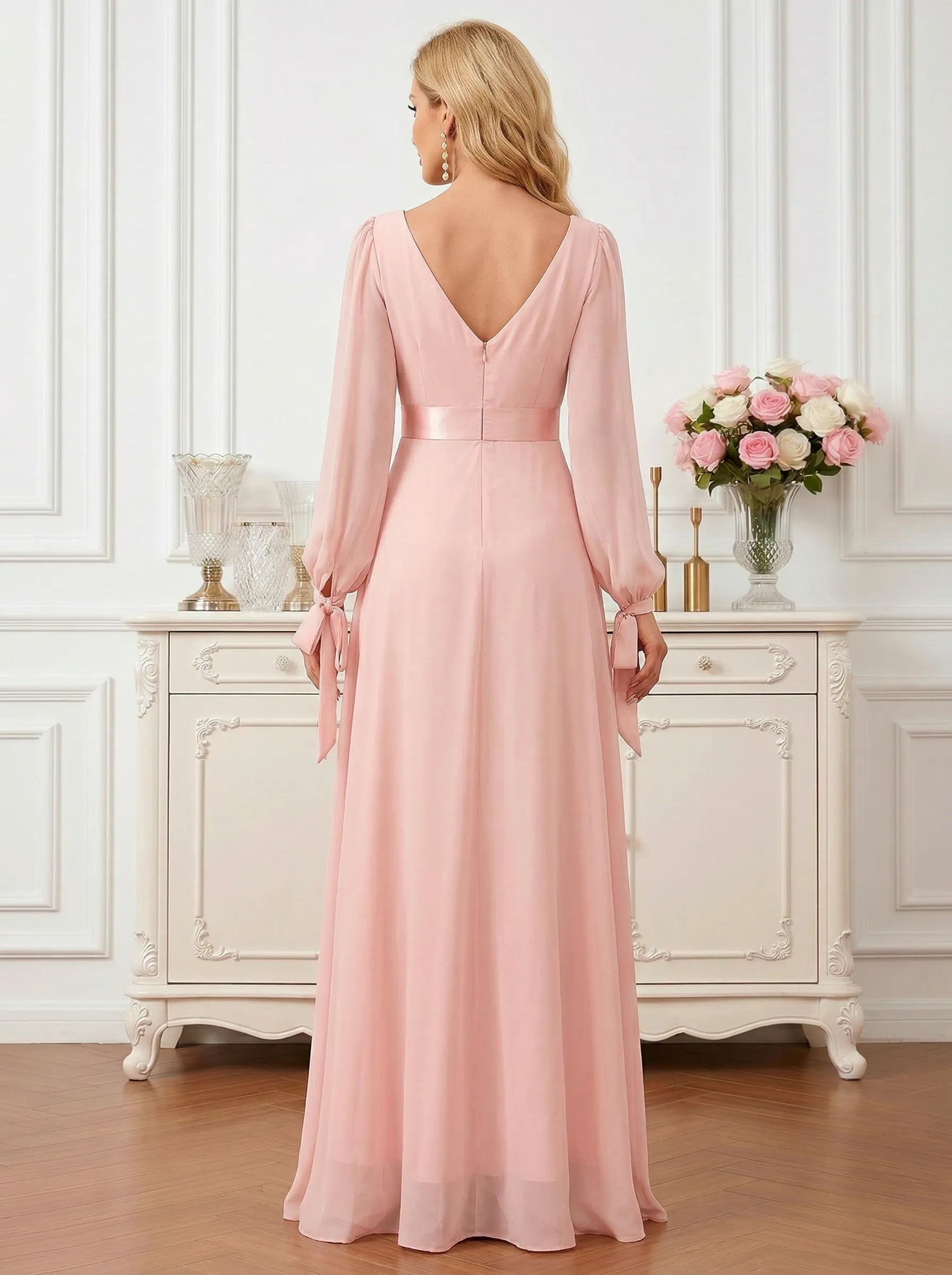 Pink A-Line Chiffon Maxi Dress with Lantern Sleeves and Tie Cuffs Mother of the Bride Dresses