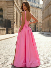Pink A-Line Satin Corset Prom Dress with Pearl Trim