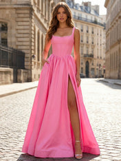 Pink A-Line Satin Corset Prom Dress with Pearl Trim