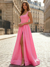 Pink A-Line Satin Corset Prom Dress with Pearl Trim