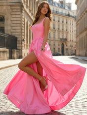 Pink A-Line Satin Corset Prom Dress with Pearl Trim