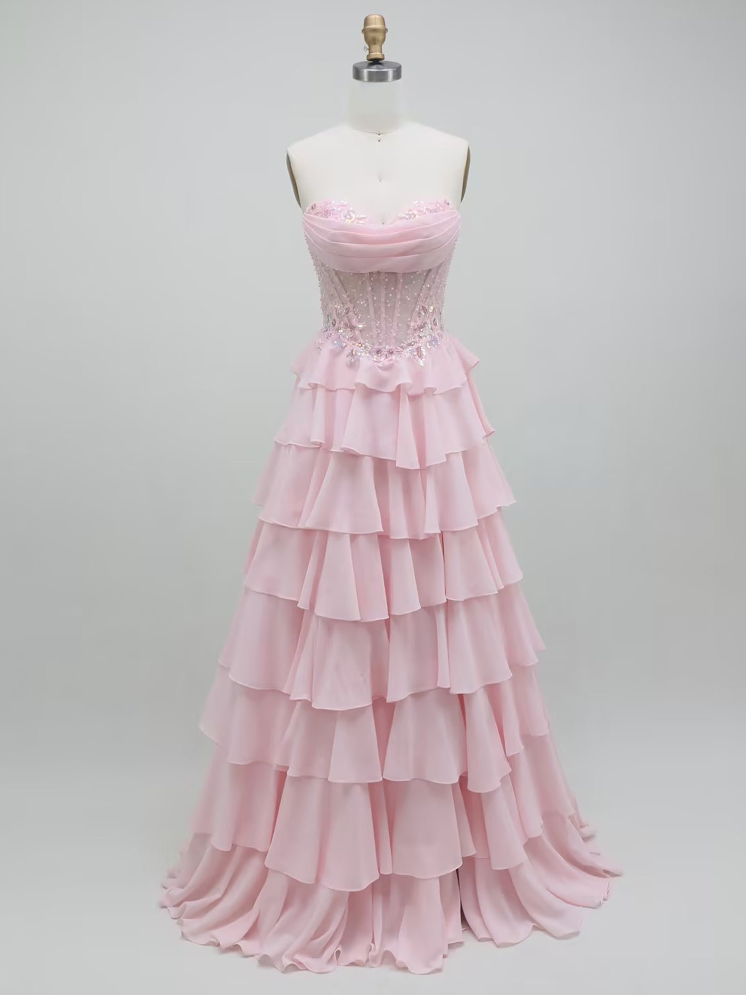 Pink A Line Beaded Corset Tiered Ruffle Long Prom Dress