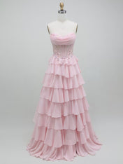 Pink A Line Beaded Corset Tiered Ruffle Long Prom Dress