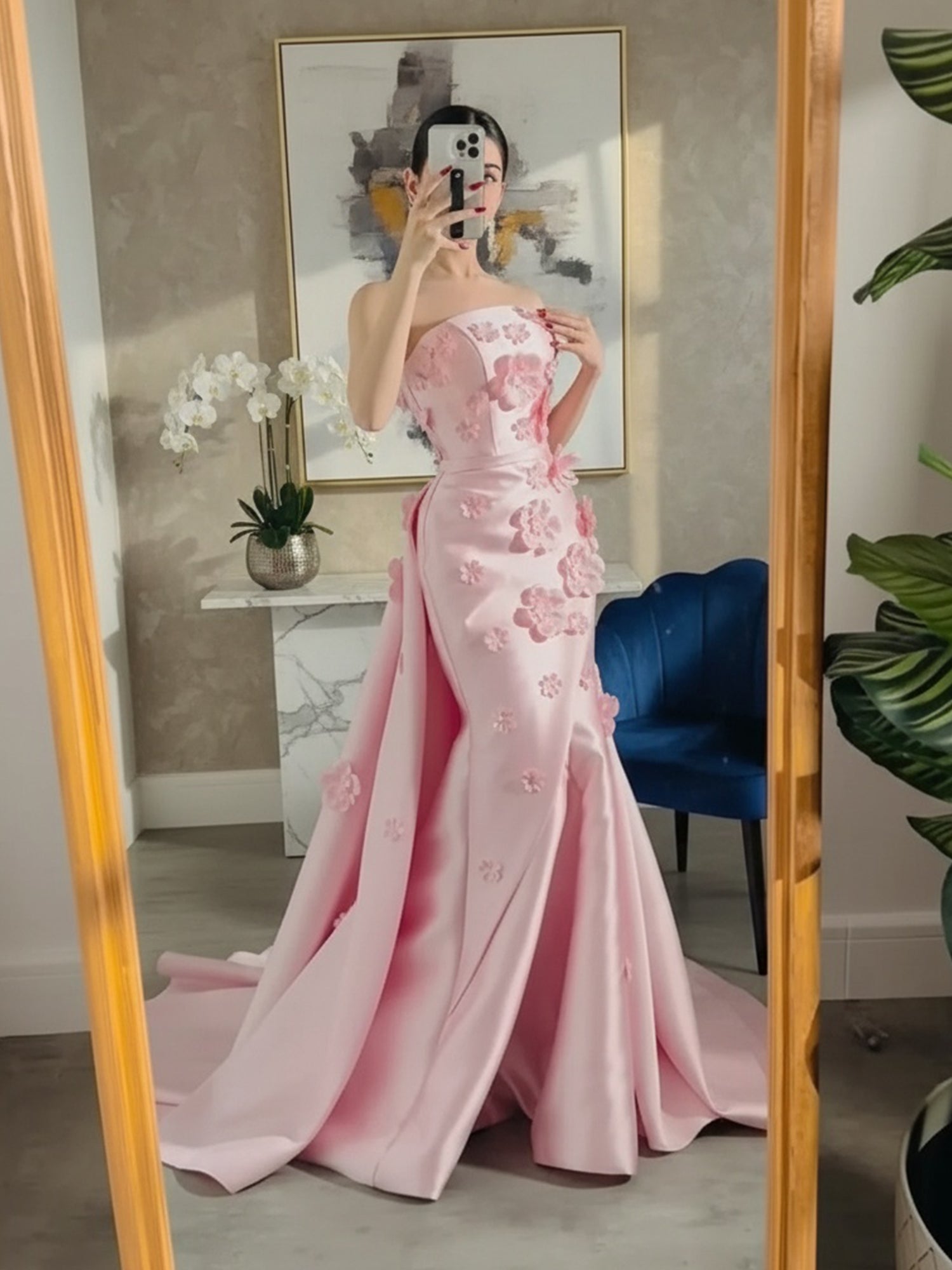 Pink A Line Satin Strapless Prom Dress with 3D Floral Appliques