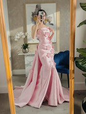 Pink A Line Satin Strapless Prom Dress with 3D Floral Appliques