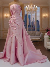 Pink A Line Satin Strapless Prom Dress with 3D Floral Appliques