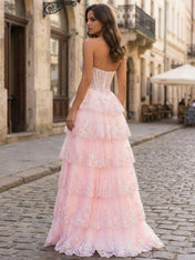 Pink A Line Strapless Sweetheart Tiered Lace Corset Prom Dress