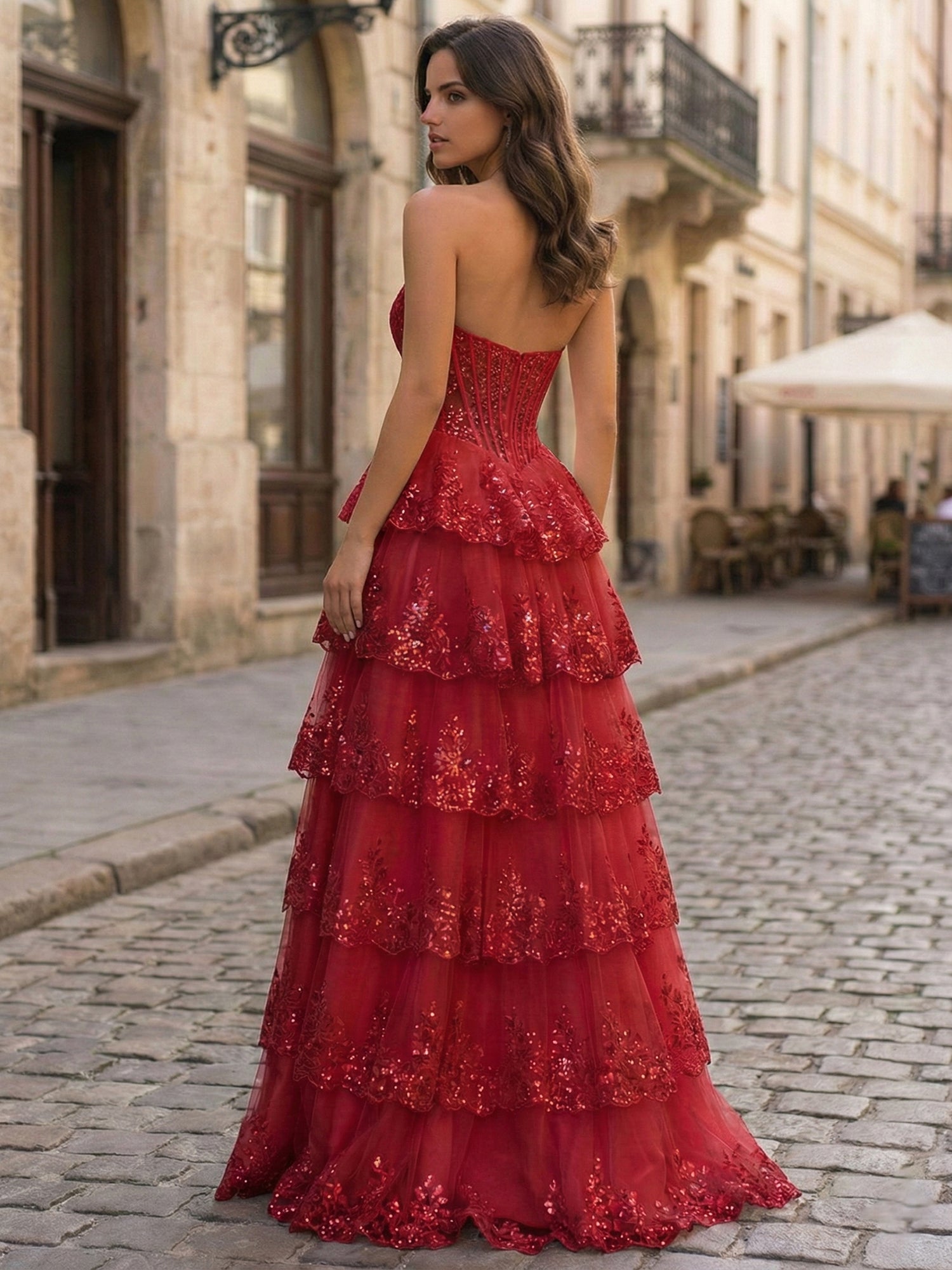 Pink A Line Strapless Sweetheart Tiered Lace Corset Prom Dress