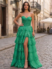 Pink A Line Strapless Sweetheart Tiered Lace Corset Prom Dress